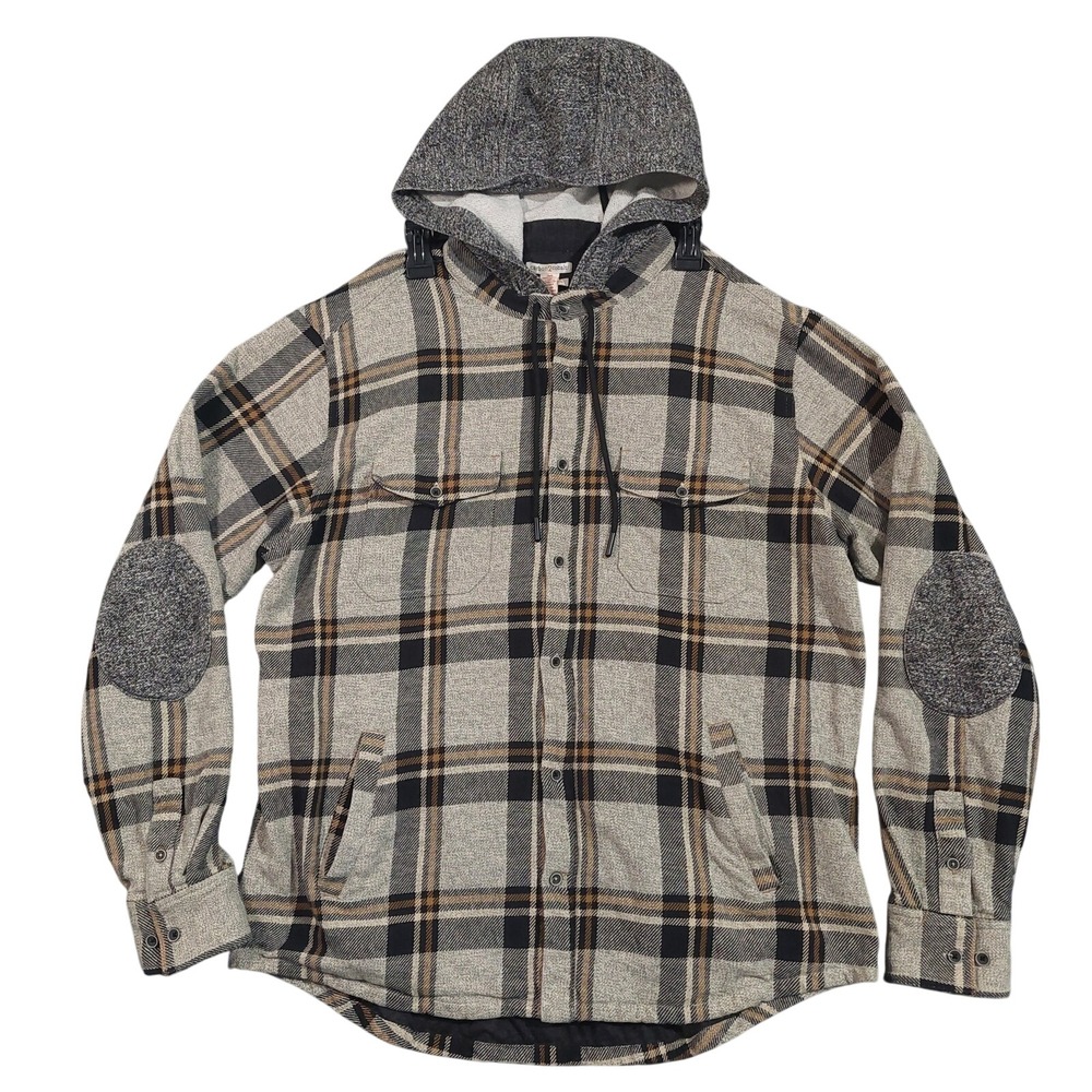 Carbon2Cobalt Hooded Shirt Jacket Mens Large Tan Black Plaid Elbow Patches